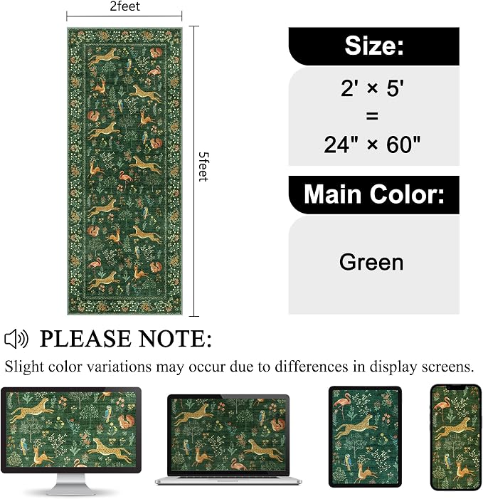 DUKINO 2x5 Rug for Hallway, Washable Kitchen Runner Rug with Non Slip Backing, Soft Low Pile Vintage Animal Runner for Bedroom, Kitchen, Hallway, Entryway, Laundry, Green