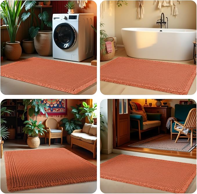 IM HOME Extra Large Waffle Bath Mat, Boho Bathroom Rugs Absorbent Non Slip, Ultra Soft Bathroom Mat, Machine Washable Knit Bath Rugs with Tassels for Bathroom, Bedroom, Kitchen, 6'x2', Burnt Orange