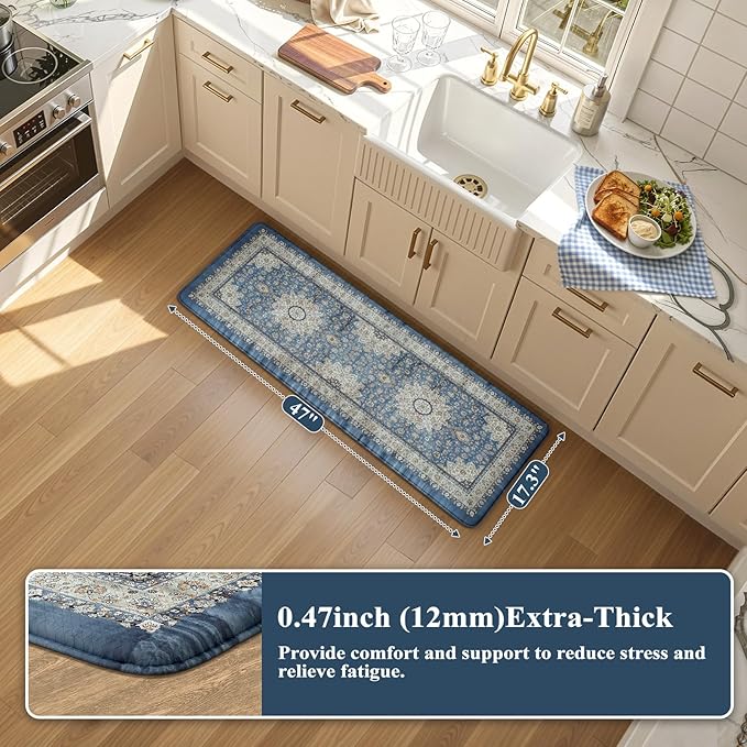 Collive Cushioned Kitchen Floor Mats, Anti Fatigue Kitchen Mats for Floor Non Slip Waterproof Sink Rugs, Comfortable Standing Desk Mat for Office, Laundry Room, 17"x47"-Blue