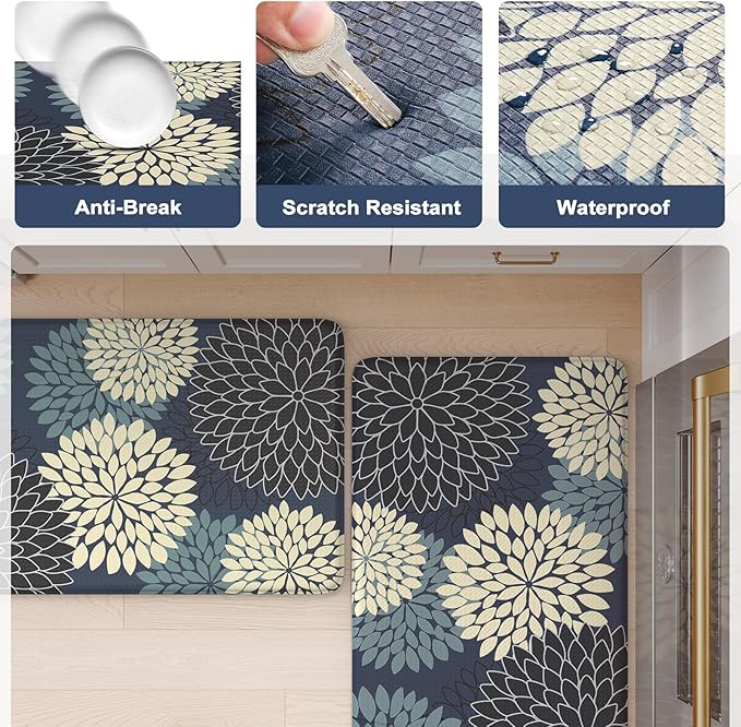 KIMODE Padded Anti Fatigue Rug Sets of 2, Ergonomic Standing Kitchen Rugs 2PCS, Boho Dahlia Kitchen Mats for Floor 2 Pieces Stain Resistant, Non Slip Kitchen Sink Floor Mat, 20"x32"+20"x47", Blue