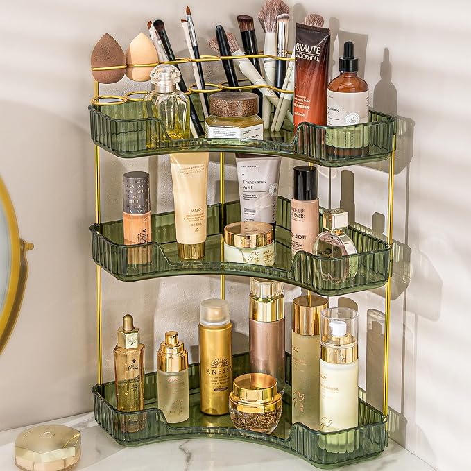 shuang qing Upgraded 3-Tier Corner Bathroom Countertop Organizer – Spacious Storage for Makeup, Skincare & Perfumes, Built-in Brush Holder Fits Vanity/Dresser/Bsthtub (Sage Green)