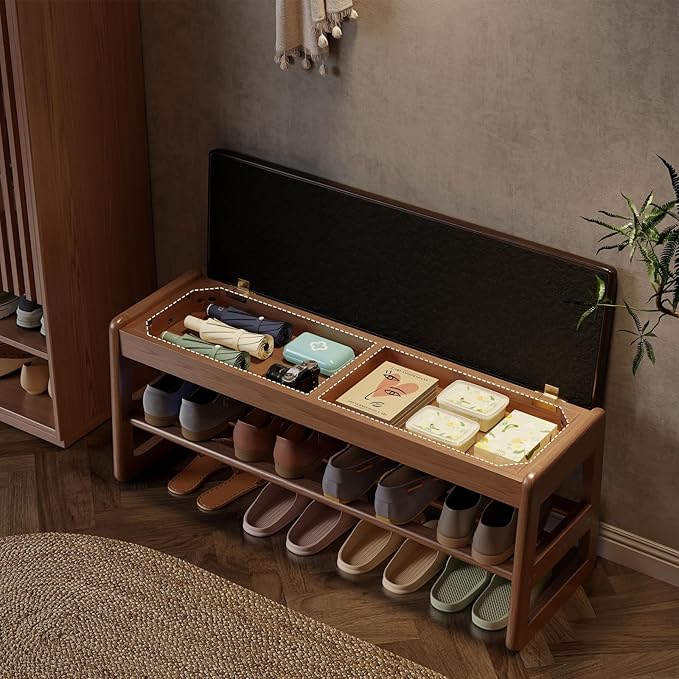 AQIMUELE Shoe Rack Bench,2 Tiers Shoe Bench with Storage with Flip-Top,Wood Shoe Rack for Entryway,Hallway（Dark Walnut Upholstered Seat,11.8" D x 39.3" W x 15.7" H）