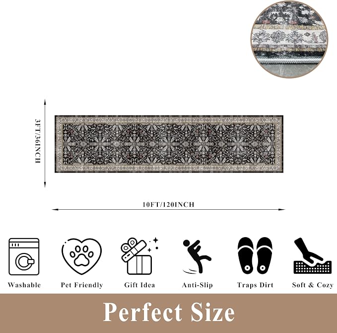 3x12 ft Long Hallway Runner Rug - Non-Slip Washable Soft Kitchen Rug with Rubber Backing,Boho Floral Low Pile Floor Carpet Runner for Entryway,Bedroom,Living Room（Black,3x12）