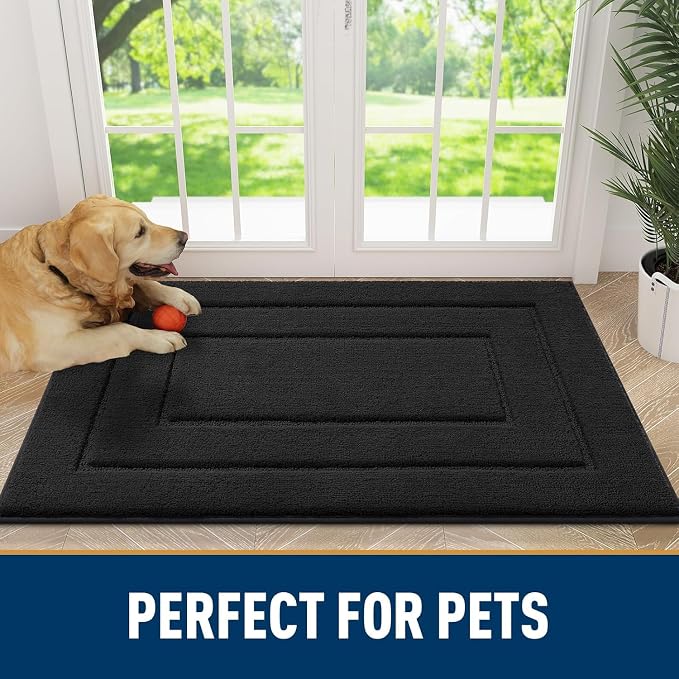 Smiry Dog Door Mat for Muddy Paws, Absorbs Moisture and Dirt, Low-Profile Entryway Mat with Non-Slip Backing, Entry Indoor Outdoor Doormat for Inside Floor (36x24 Inches, Black, Bordered)
