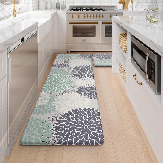 Anti Fatigue Kitchen Mats,Non Slip Boho Dahlia Kitchen Rugs Sets 2 Piece,Waterproof Farmhouse Kitchen Mat for Floor,Cushioned Standing Mat for Office,Laundry,Sink,Desk,Mutil-Cyan