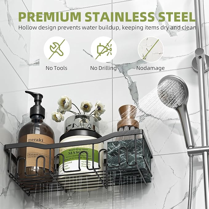 Simple Trending Shower Caddy, 5 Pack Rustproof Stainless Steel Shower Shelves, No Drilling Bathroom Organizer Adhesive with Large Capacity, Black Metal Storage Basket