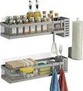 PUSDON 5-in-1 16.5" Extra Long Slim Wall Mount Wrapped Mesh Kitchen Organizer & Shower Caddy Kit, with Paper Towel Holder, Utensil Holder, Soap Dish, Holds 50LBS - Silver Gray, Netting