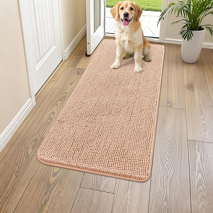 Smiry Dog Door Mat for Muddy Paws 47x24, Absorbent Dirt Trapper, Non-Slip Washable Chenille Entryway Rug for Inside Floor, Peach, Classic Solid