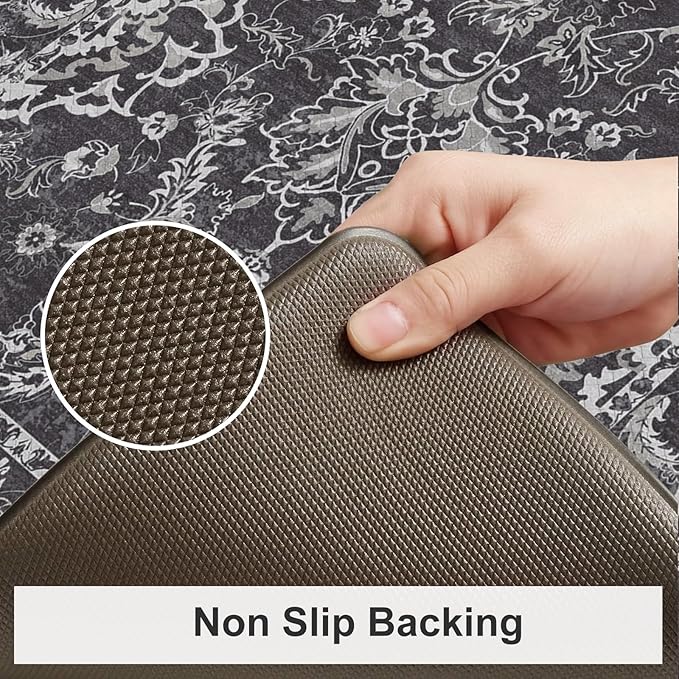 KIMODE Comfort Kitchen Mats for Floor Cushioned Anti Fatigue 2 Piece,Boho Floral Kitchen Rugs Non Slip,Waterproof Memory Foam Kitchen Mat Carpet for Laundry Office Home,Dark Grey 17"x29.5"+17" x47”