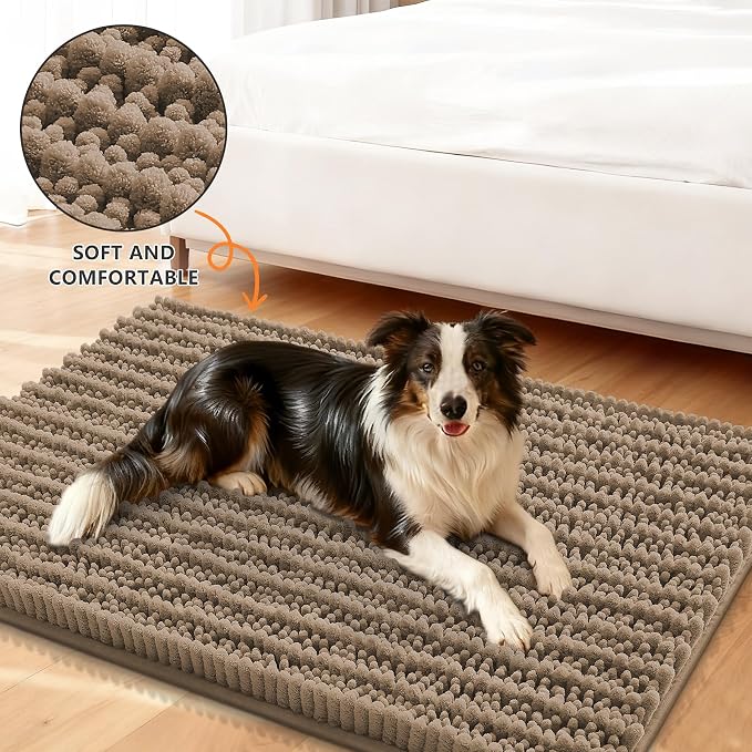 Smiry Dog Door Mat for Muddy Paws 59x24, Absorbent Dirt Trapper, Non-Slip Washable Chenille Entryway Rug for Inside Floor, Camel, Layered Pattern
