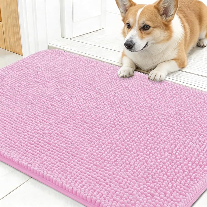 OLANLY Dog Door Mat for Muddy Paws 30x17, Absorbs Moisture and Dirt, Absorbent Non-Slip Washable Doormat, Quick Dry Chenille Mud Mat for Dogs, Entry Indoor Entryway Carpet for Inside Floor, Pink