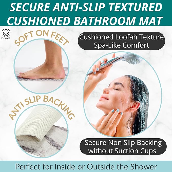 ENKOSI Loofah Non-Slip Shower and Bath Mat - Soft Cushioned Comfort - No Suction Cups for Smooth or Textured Tubs - Fast Draining - Safety for Bathroom, Family, and Elderly (24x16 Marble Grey)