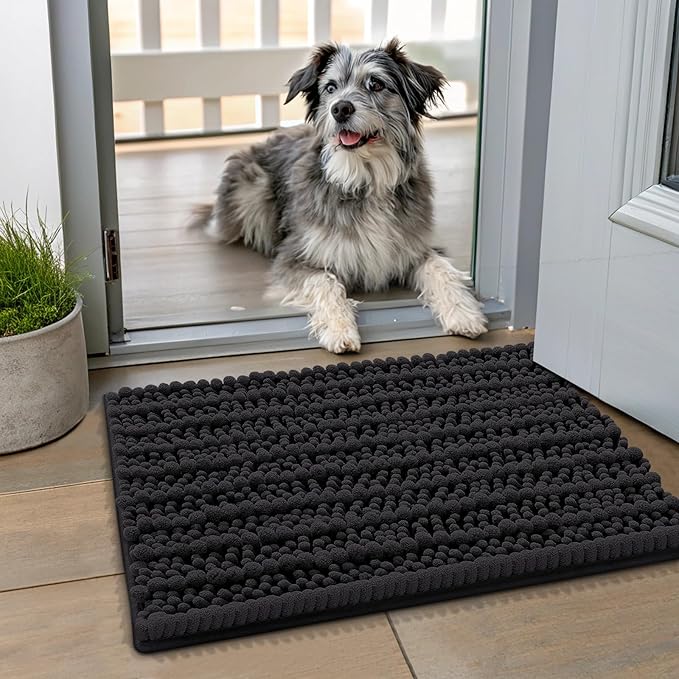 Smiry Dog Door Mat for Muddy Paws 24x16, Absorbent Dirt Trapper, Non-Slip Washable Chenille Entryway Rug for Inside Floor, Black, Layered Pattern