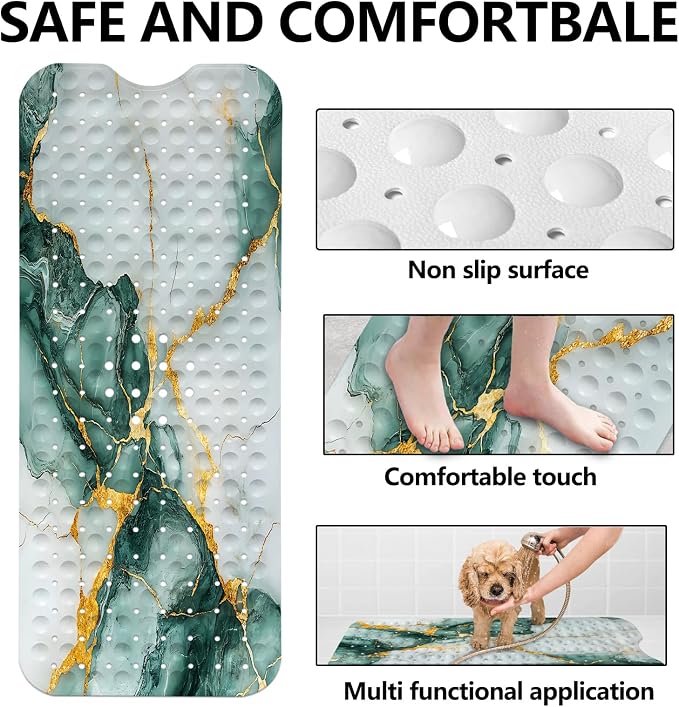 LNOND Marble Bath Tub Mat Non Slip, Extra Long 40 X 16 Inch Anti Slip Mat for Bathtub, Green Gold Marble Shower Mat with Drain Holes and Suction Cups, Machine Washable