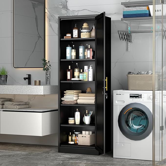 Tall Metal Narrow Bathroom Storage Locker Cabinet 67" H, Tall Black Pantry Cabinets with 5 Adjustable Shelves and Lockable Doors for Kitchen, Home Office, Living Room, Dining Room