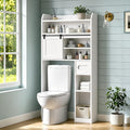 VECELO Over The Toilet Storage Cabinet with Sliding Doors, 63.8" Toilet Organizer with Adjustable Shelves, Paper Holder and Racks, for Bathroom Laundry, White