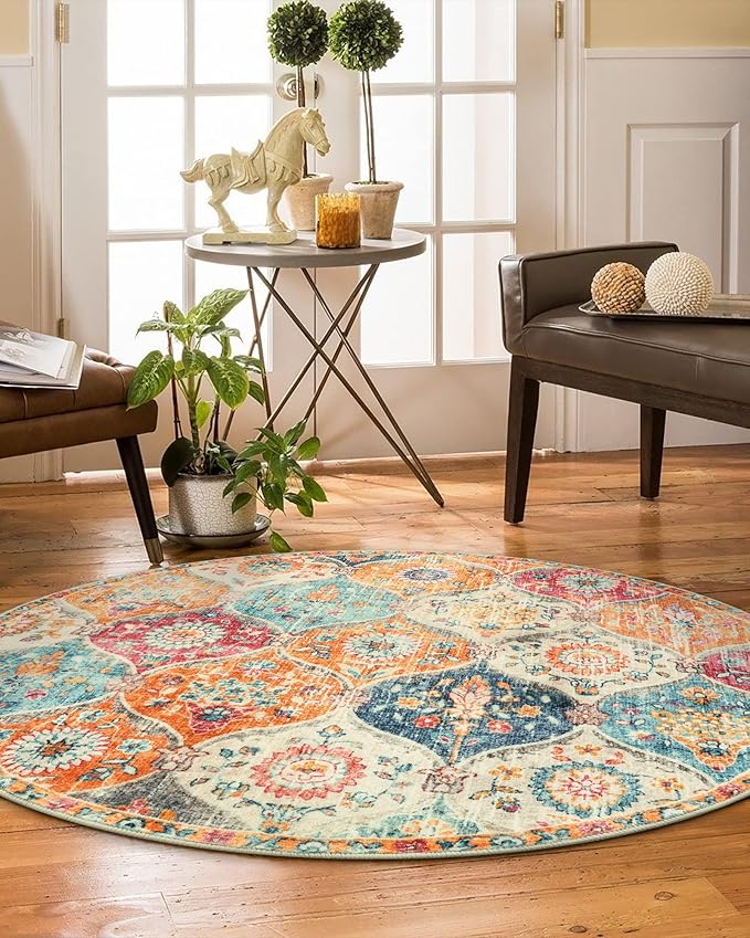 Lahome Moroccan Washable Circle Rug, Soft Vintage Round Rug 4ft, Distress Round Carpet for Entryway Bathroom Kitchen Bedroom, Non Slip Low Pile Stain Resistant Elise, Burnt Orange