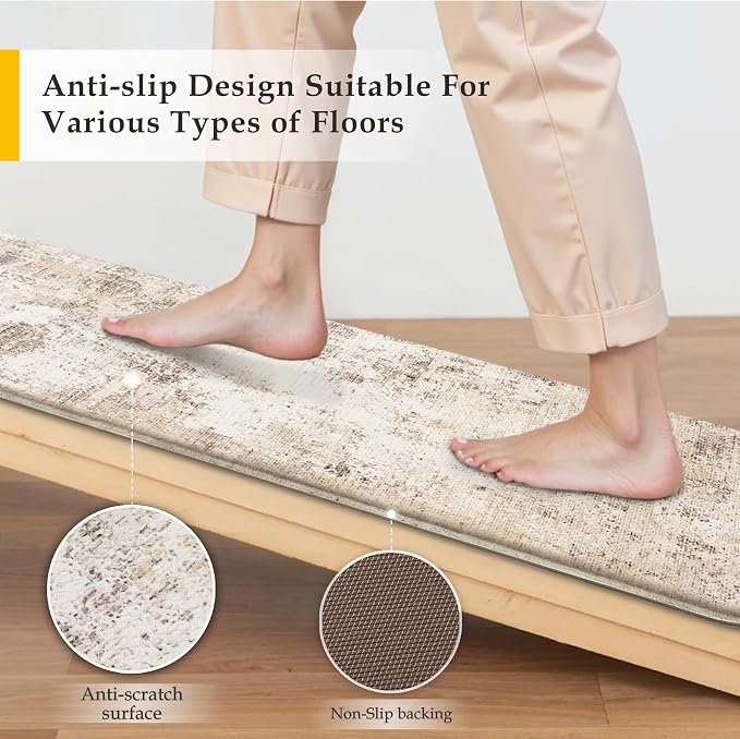 Kitchen Mats for Floor Set of 2 Anti Fatigue Waterproof Kitchen Rug Beige Grey Abstract Cushioned Non-Slip Kitchen Mats Comfort Standing Neutral Mat for Sink Laundry Office 17.3"×59"+17.3"×30"