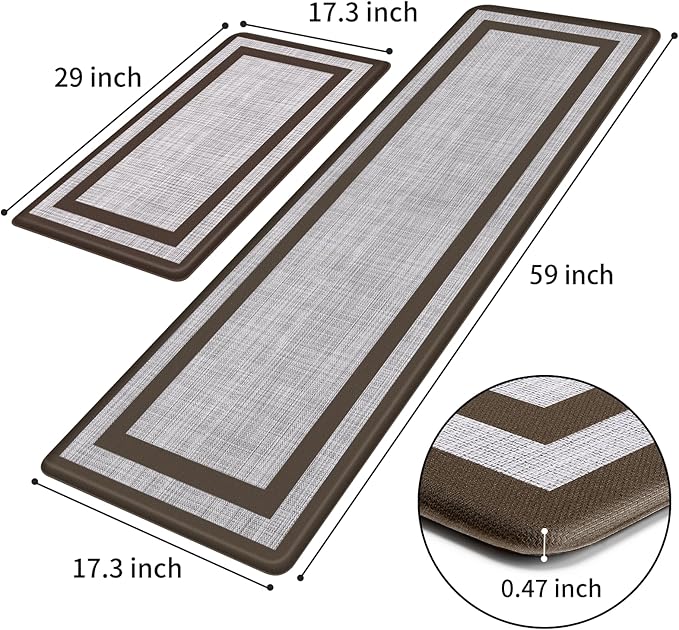 Mattitude Kitchen Mats Set of 2 Cushioned Rugs 0.47 inch Thick Anti-Fatigue Mats for Kitchen Floor,Waterproof Non-Slip Mats and Rugs Set for Office,Floor,Laundry 17.3"×29"+17.3"×59",Chocolate