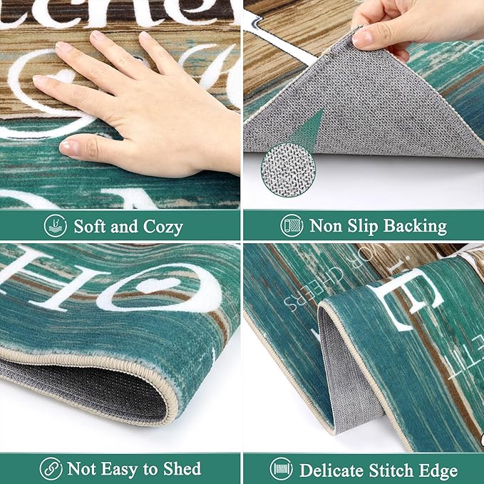 Vaukki Boho Kitchen Rug Sets 3 Pieces, Washable Kitchen Mats for Floor, Non Slip Soft Kitchen Area Rug Floor Mat for Kitchen, Laundry Room and Hallway (Teal, 20''x32''+20''x47''+20''x59'')