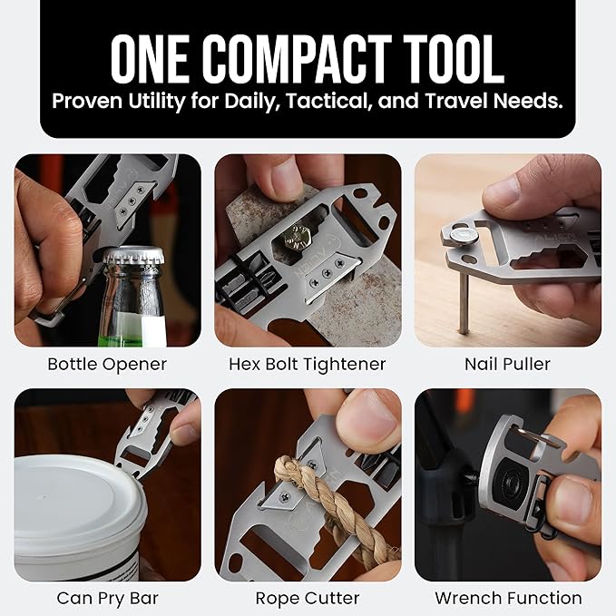 EDC Pry Bar Multitool – 10-in-1 EDC Pry Tool – Pocket Pry Bar, Bottle Opener, Ratchet Wrench, Screwdriver Set, Box Opener, Seatbelt Cutter, Hex Wrench (2.9oz) - Carabiner Multitool