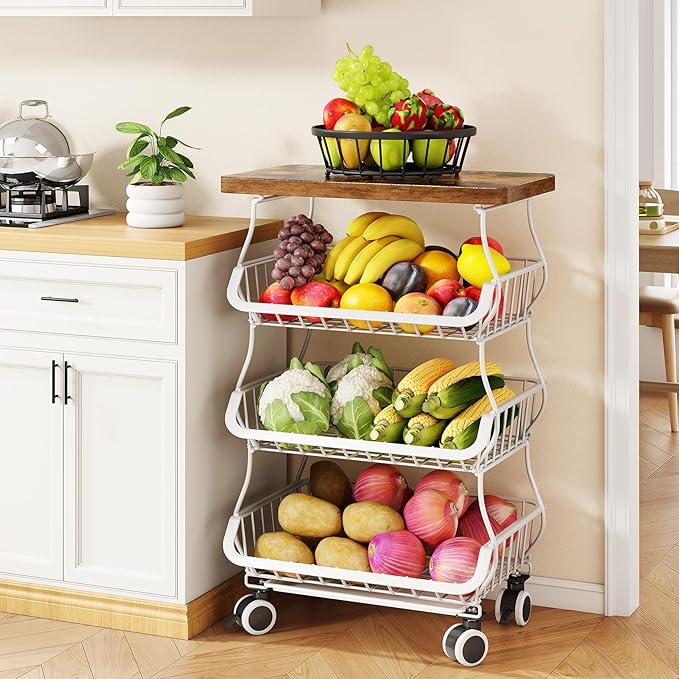 SAYZH Fruit Basket Kitchen Pantry Organizers and Storage - Wooden Top Table, Stackable Metal Wire Basket Stand Cart for Fruit Vegetable Snacks Onion Potato Organization (White, 4 Tiers)