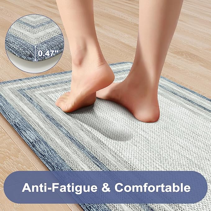 KIMODE Anti Fatigue Kitchen Mats 20"x71", Farmhouse Kitchen Rug Non Slip, Memory Foam Kitchen Floor Mats, Comfort Waterproof Kitchen Mat for Front of Sink Laundry Desk Bedroom Blue and Grey