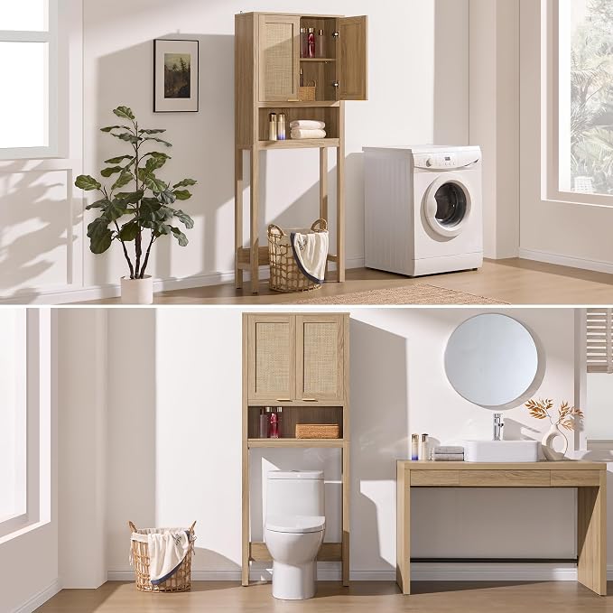 SICOTAS Over The Toilet Storage Cabinet with Rattan Door, Freestanding Bathroom Organizer with Adjustable Shelf, Space Saver Cabinet for Bathroom, Laundry Room, Restroom