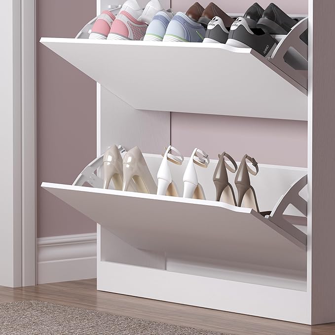 BORNOON Shoe Cabinet with 3 Flip Drawers & Coat Rack, Narrow Hidden Shoe Storage Cabinet, 2-in-1 Hall Tree Slim Freestanding Shoe Rack Organizer for Entryway, Hallway, and Living Room