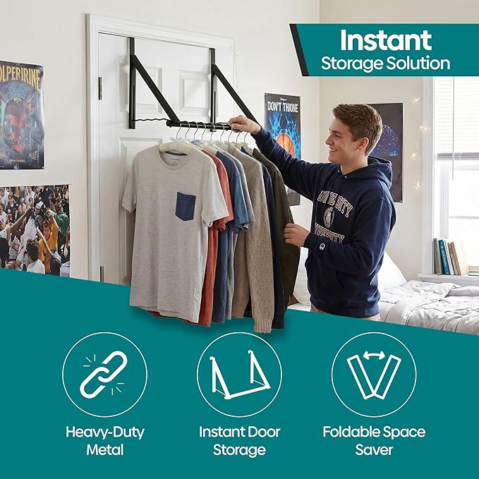 HOLDN’ STORAGE Over The Door Hanger - Foldable Rack Organizer for Hanging Clothes, Coats & Towels, Ideal for Dorm Rooms, Laundry, Bathrooms, Etc - Holds up to 35 LBs, Collapsible - Black