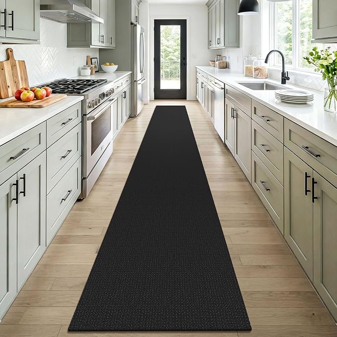 KOZYFLY Black 2x16 Runners Rugs for Hallway, Extra Long Washable Runner Rug, Woven Non Slip Kitchen Runner, Cotton Entryway Rug, Floor Carpet for Entry, Aisle, Hall, Black/Dark Grey