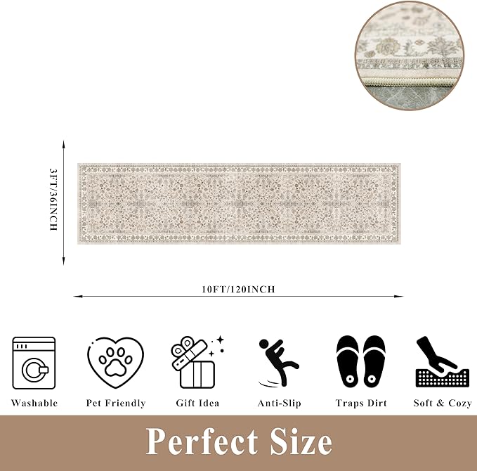 3x12 ft Long Kitchen Runner Rug - Non-Slip Washable Hallway Rug with Rubber Backing,Boho Floral Soft Low Pile Floor Carpet Runner for Entryway,Bedroom,Living Room（Beige,3x12）