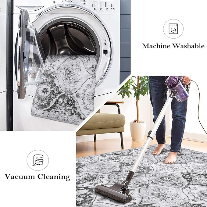 Lahome Moroccan Trellis Washable Rug, 2x3 Kitchen Rugs for Entryway Bathroom, Non-Slip Indoor Door Mat Ultra-Thin, Small Oriental Throw Carpet for Bedroom Entry Elise, Silver/Grey