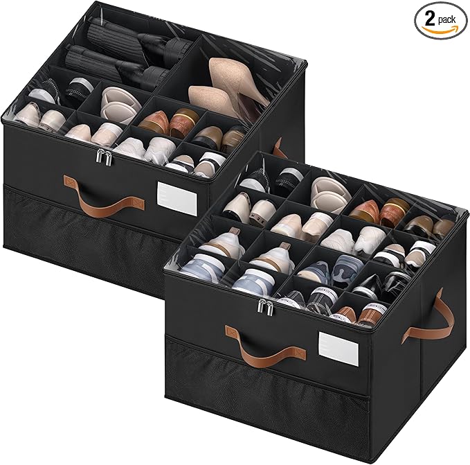 Shoe Organizer for Closet, 2 Pack Shoe Storage Containers with Adjustable Dividers, Space Saving Shoe Box Organizers Bins with Clear Lids & 4 Reinforced Handles, Fits 16-32 Pairs, Pure Black
