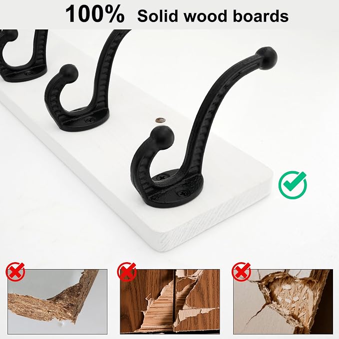 WEBI Rustic Coat Rack Wall Mount,30" Long 7 Cast Iron Coat Hooks Wall Mounted,Heavy Duty Wood Wall Coat Hanger Hooks for Hanging Coats,Jacket,Clothes,Backpack,Farmhouse,Black on White,2 Packs