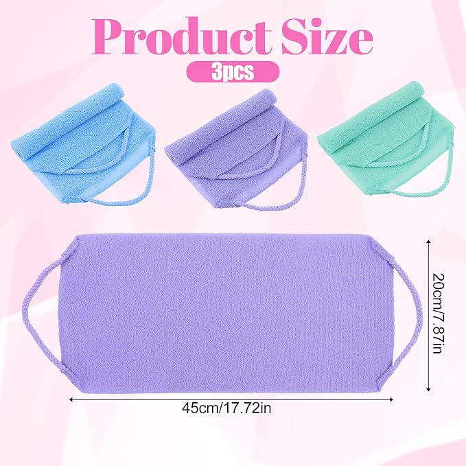 3 Pcs Exfoliating Washcloth with Handles, Double-Sided Back Scrubber Washer for Shower Body Scrub Towel Stretchable Back Washer Shower Towel for Women Bath Showers Exfoliation