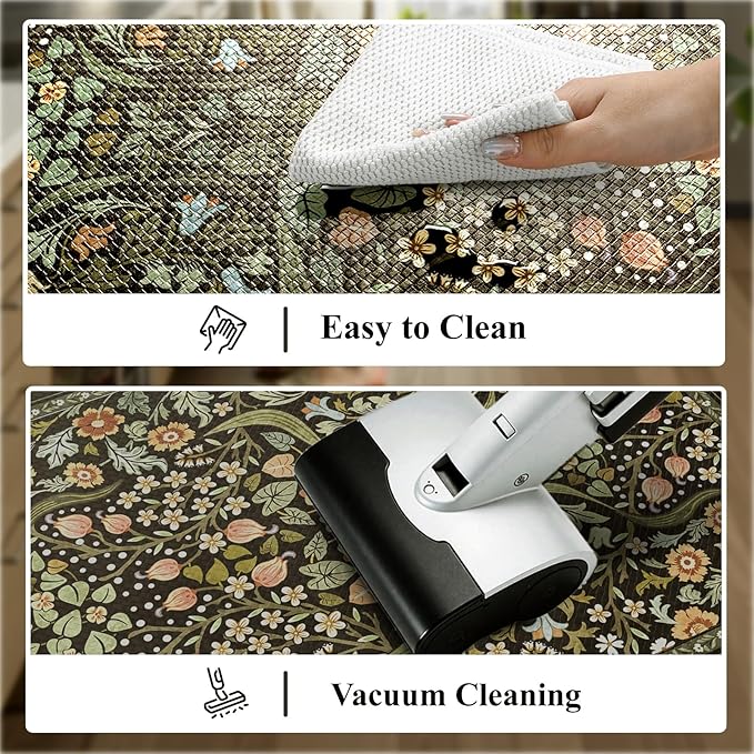 Collive Anti Fatigue Mats for Kitchen Floor, Cushioned Comfort Kitchen Rugs Sets of 2 Waterproof Non Skid Padded Sink Rugs, Boho Floral Rug Black Standing Mat for Office, Laundry