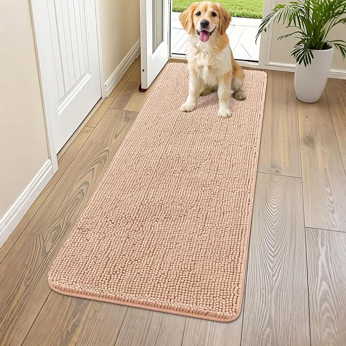 Smiry Dog Door Mat for Muddy Paws 59x24, Absorbent Dirt Trapper, Non-Slip Washable Chenille Entryway Rug for Inside Floor, Peach, Classic Solid