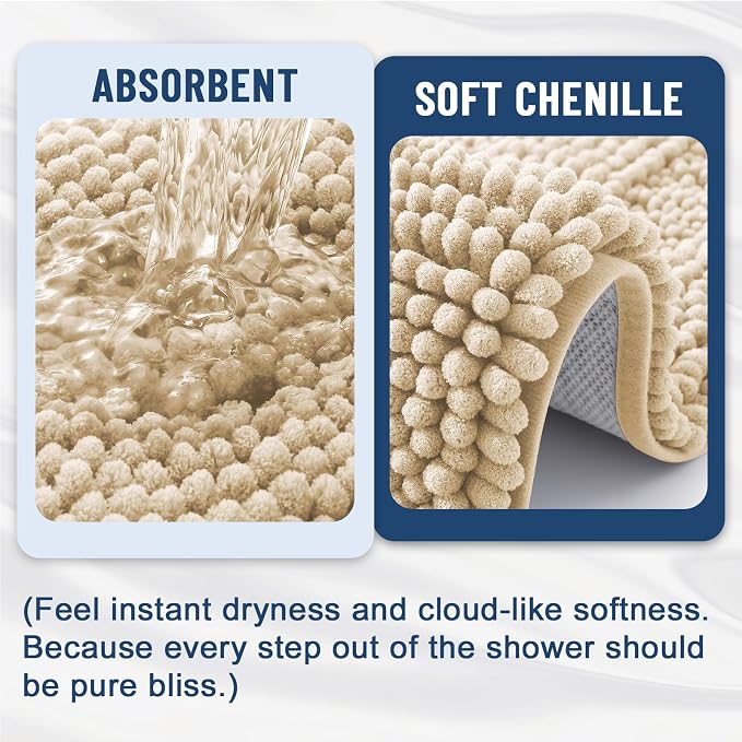 Grandaily Chenille Striped Bathroom Rugs 44x24, Extra Thick and Soft Absorbent Bath Mats, Rubber Backing, Plush Shaggy Shower Carpet, Machine Wash Dry, Bath Rug for Bathroom, Light Beige