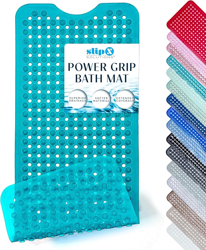 SlipX Solutions Power Grip 39x16 Bathtub & Shower Mat | Premium Non-Slip Bath Safety | Clear Aqua