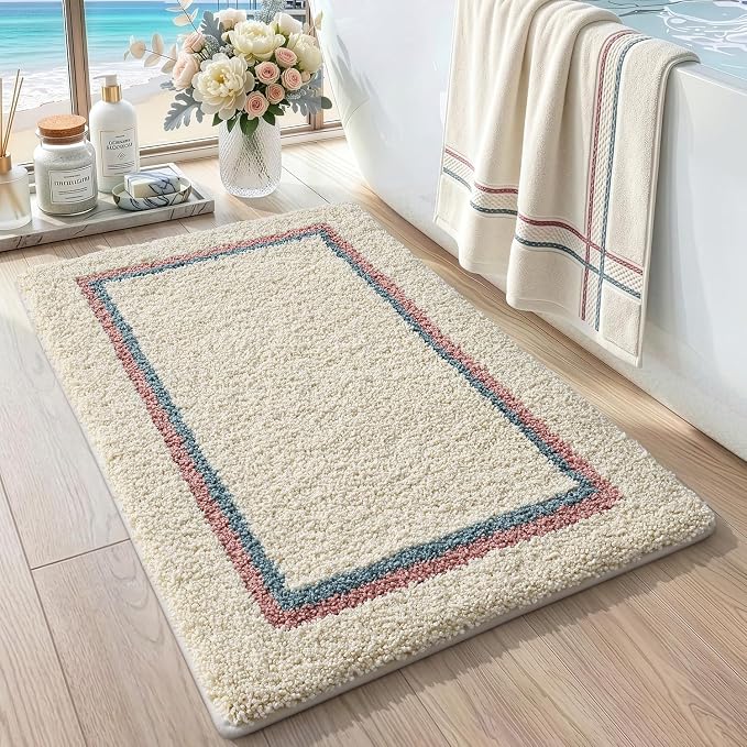 DEXI Bathroom Rugs 24x16, Absorbent Extra Soft Plush Microfiber Bath Mat for Bathroom, Non Slip Washable Bathmat Quick Dry for Shower Floor, Sink, Tub, Laundry Room, Ivory
