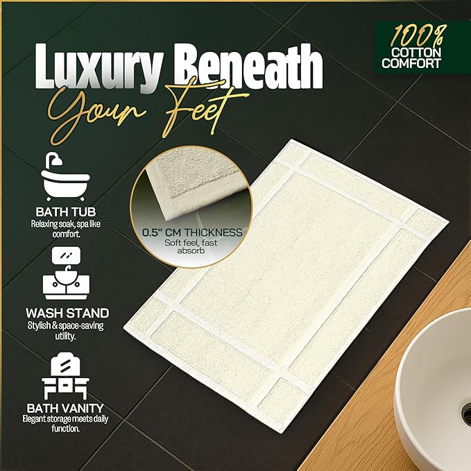 Pearl Linens Pack of 6 100% Cotton Bath Mat 18x25 inches, Soft & Absorbent Quick Dry Bathroom Mat Set, Not Bathroom Rugs, After Shower Mat, Bath Tub Mat, 781 GSM, Machine Washable, Ivory