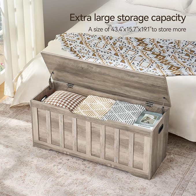 VANKILEY 43.3" Storage Chest Extra Large,Storage Trunk with 2 Safety Hinges,Wooden Storage Bench,Shoe Bench,43.3x15.7x19.1 Inch,Easy Assembly,Storage Bench for Bedroom,Living Room,entryway(Greige).