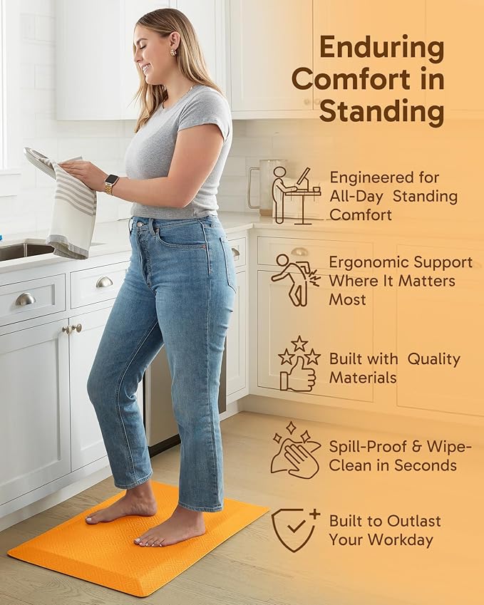 Ophanie Kitchen Mats for Floor, 3/4 Inch Thick Kitchen Rugs, 20''x32'' Anti Fatigue Standing Cushioned Mat, Waterproof,Comfort Ergonomic Mat for Office, Home, Sink,Orange Non-Slip Bottom
