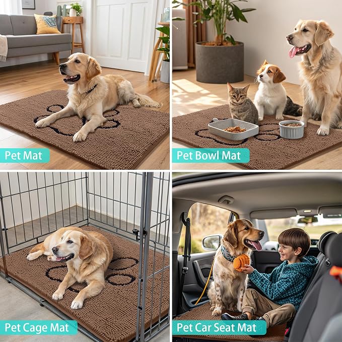 Smiry Dog Door Mat for Muddy Paws, Absorbent Dirt Trapper Non Slip Quick Dry Washable Chenille Mat for Mud Dogs, Entry Rug for Indoor and Outdoor (59x24 Inches, Coffee and Black)