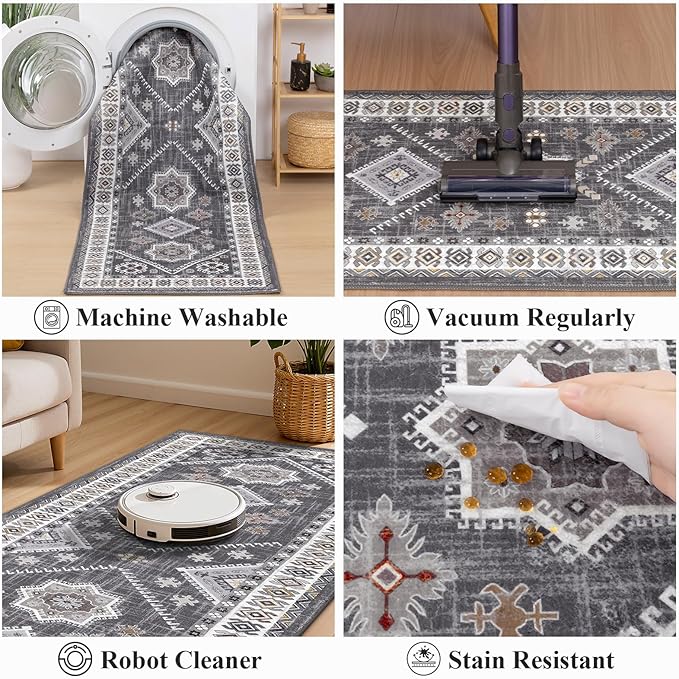 HEBE Washable Kitchen Rugs Runner 24"x120", Non Slip Hallway Runner Rug, Low Pile Entryway Rug Laundry Room Mat Kitchen Carpet Runners for Hallways, Bathroom, Laundry, Bedside Rug