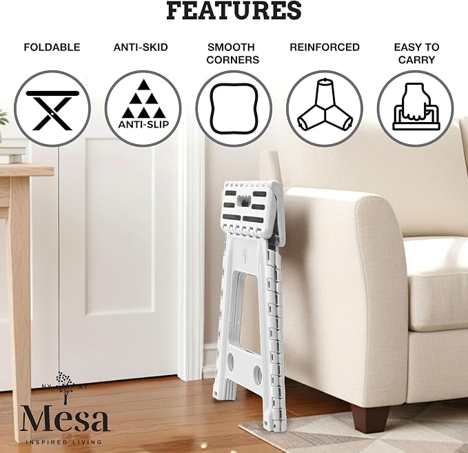 Inspired Living 18" Step Stool, Folding Step Stools for Adults, Plastic Foldable Step Stools Kids, Holds Up to 330 lbs, Collapsible Folding Stool for Kitchen, Bathroom, Bedroom (White Black, 18" High)