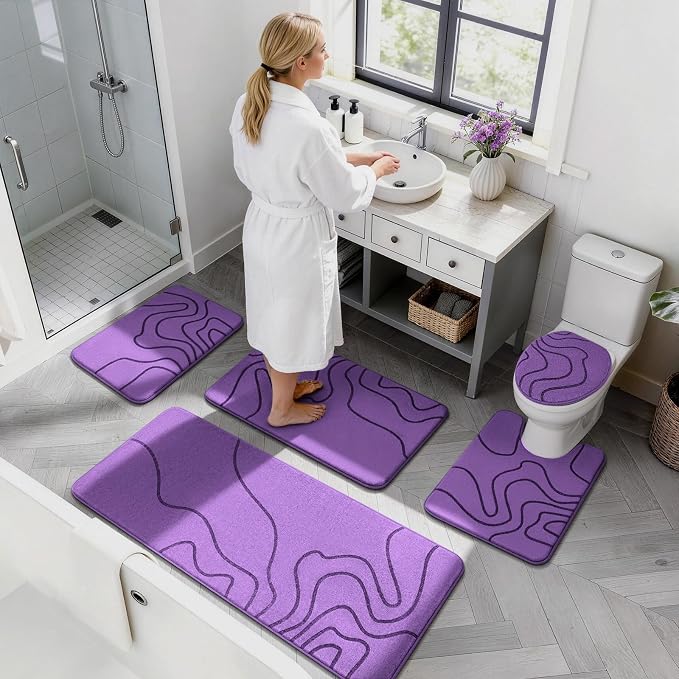 YIHOUSE Memory Foam Bathroom Rugs Sets 2 Piece - Extra Thick Ultra Soft Absorbent Bath Mat Set, Non-Slip Machine Washable Bath Rugs for Bathroom, Tub & Shower, Home Decor (32"x20"+24"x17", Purple)