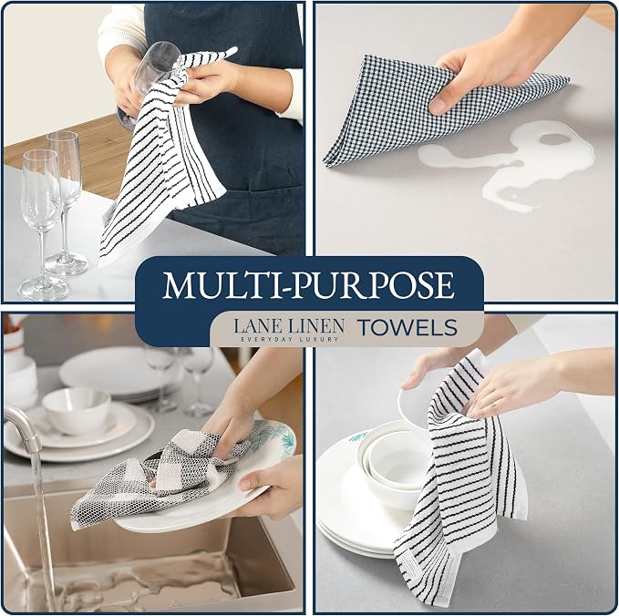 LANE LINEN Kitchen Towels Set 20 Pack - Ultra Soft Cotton Kitchen Hand Towels, Highly Absorbent Dish Cloths, Durable Scrubbers, Flour Sack Tea Towels, Heat Resistant Oven Mitts & Pot Holders - Black