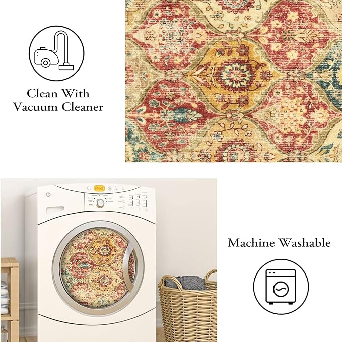Lahome Moroccan Trellis Washable Runner Rug, 2x6 Kitchen Runners for Hallways 6 Feet Non Slip, Vintage Laundry Room Rug Ultra-Thin Carpet for Bathroom Bedroom Entryway Elise, Red/Orange